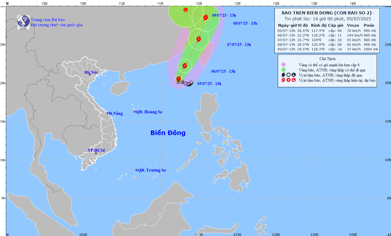 Dự báo đường đi của bão số 2 trên Biển Đông. Ảnh: Trung tâm Dự báo Khí tượng Thủy văn Quốc gia Việt Nam