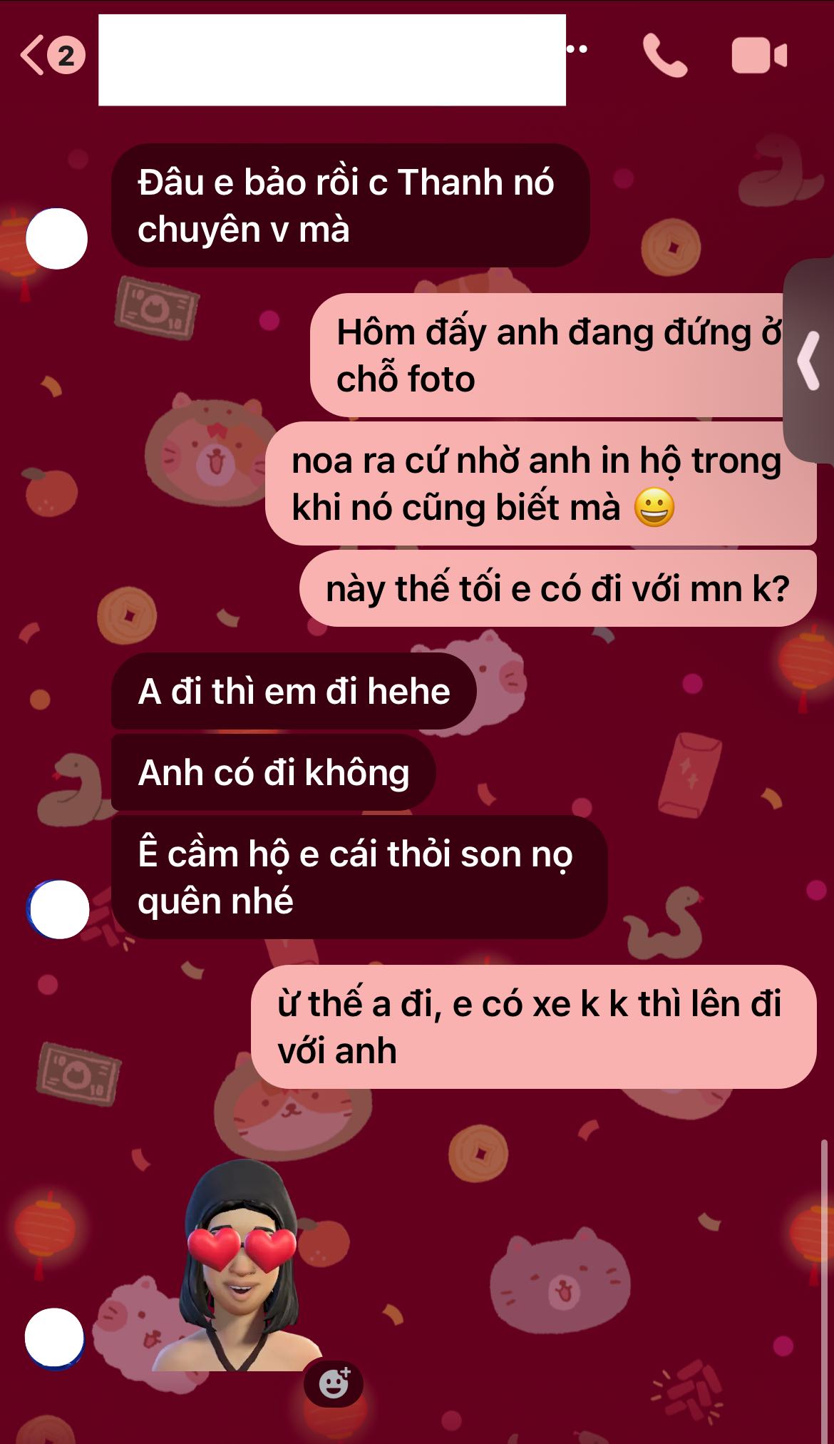 Có thể là hình minh họa về văn bản cho biết '<2 Đâu e bảo rồi c Thanh nó chuyên ۷ mà Hôm đấy anh đang đứng ở chỗ foto noa ra cứ nhờ anh in hộ trong khi nó cũng biết mà này thế tối e có đi với mn k? A đi thì em đi hehe Anh có đi không Ê cầm hộ e cái thỏi son nọ quên nhé Ừthế a đi, e có xe kk thì lên đi với anh'
