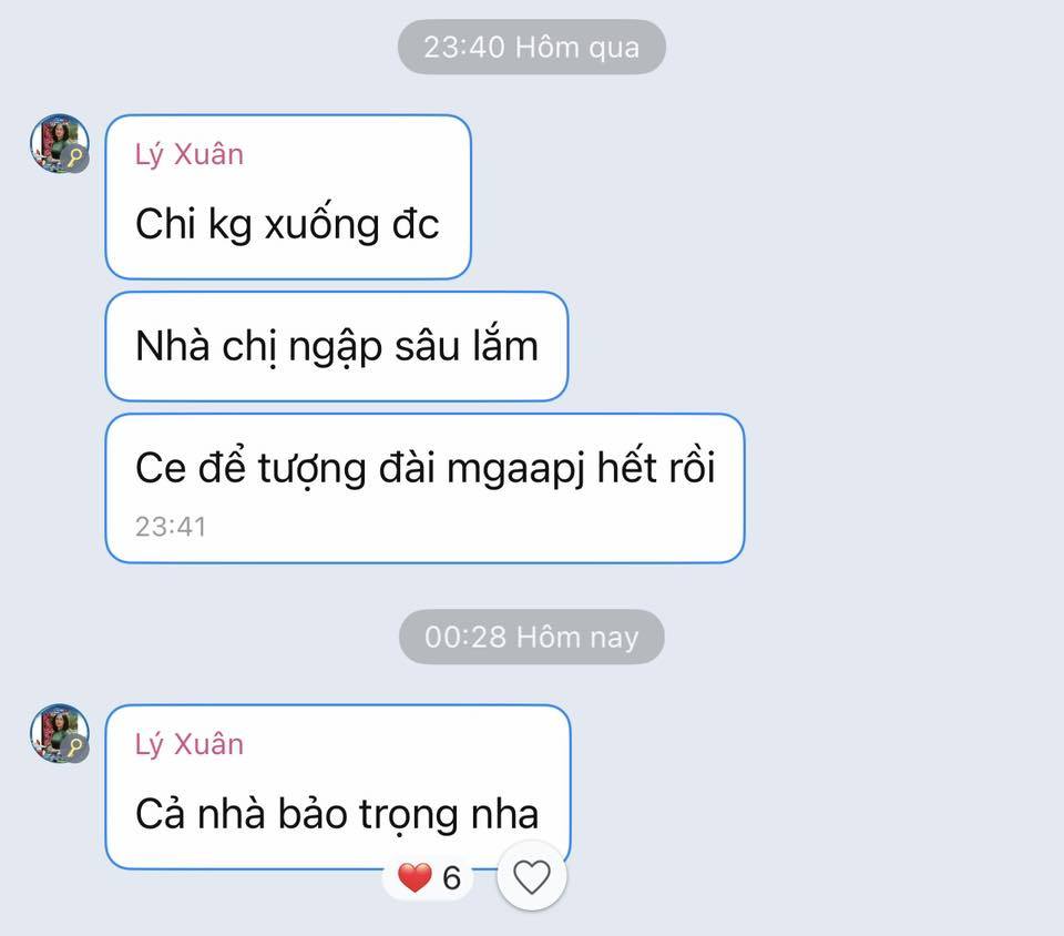 Có thể là hình ảnh về văn bản cho biết '23:40 Hôm qua Lý Xuân Chi kg xuống đc Nhà chị ngập sâu lắm Ce để tượng đài mgaapj hết rồi 23:41 00:28 Hôm nay Lý Xuân Cả nhà bảo trọng nha'