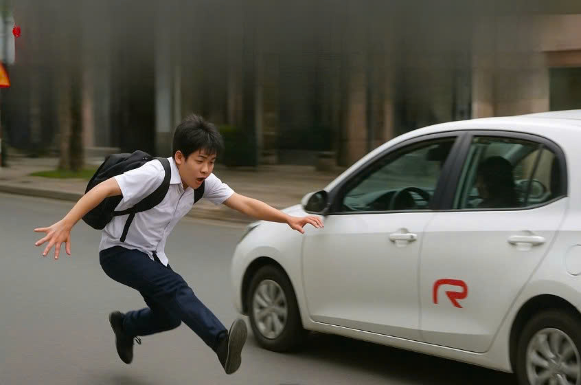 Lên nhầm xe ôm công nghệ, một học sinh tại Hà Nội yêu cầu tài xế dừng lại nhưng người này càng tăng tốc. Quá sợ hãi, em nhảy xuống đường khi xe đang chạy. Ảnh minh họa: AI